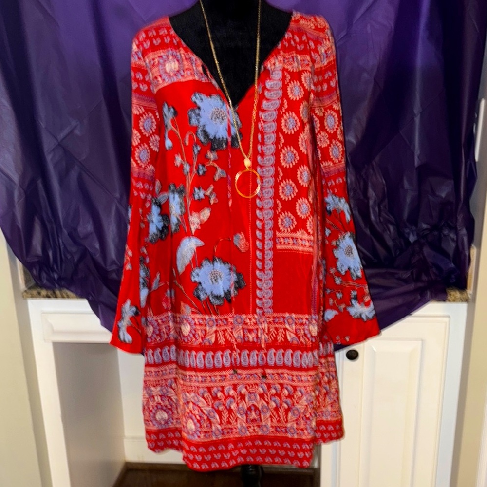 Anthropologys vanessa virginia red/blue floral double lined tunic  sz 4